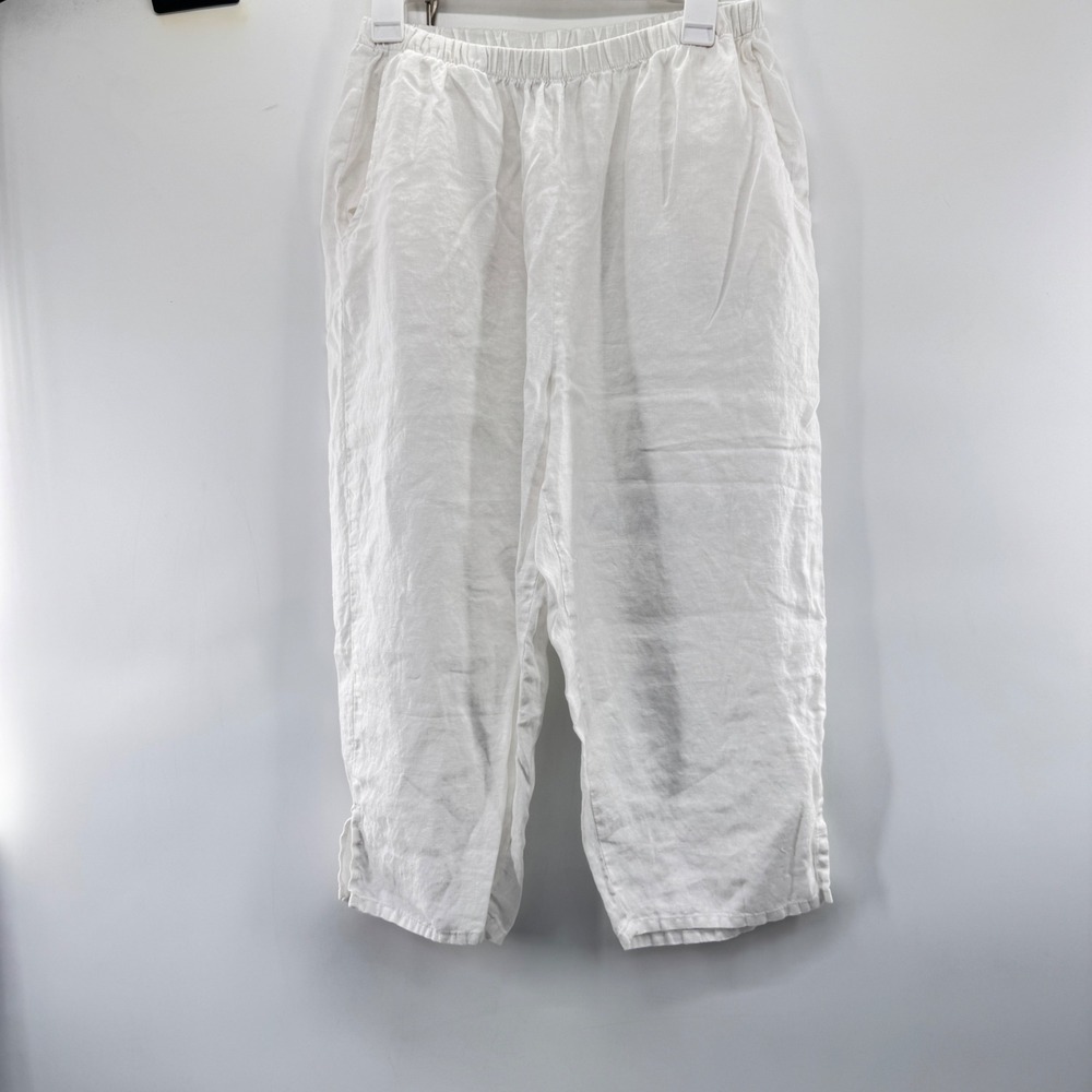 Flax Cropped Pants Women Medium White Lagenlook Linen Elastic Waist Casual